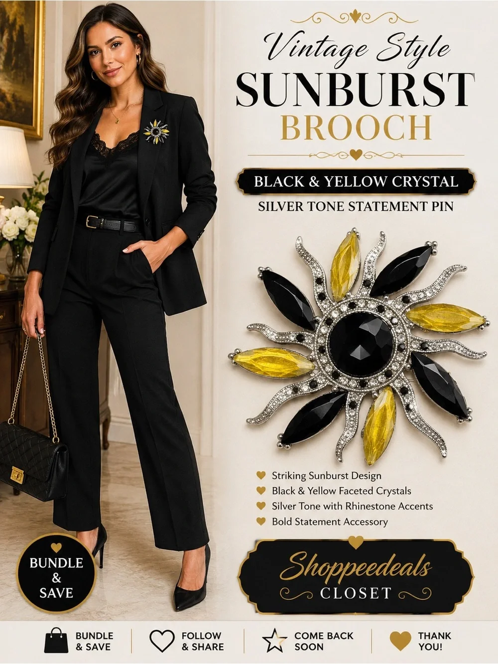 Vintage Style Black Yellow Crystal Sunburst Brooch Silver Tone Statement Pin